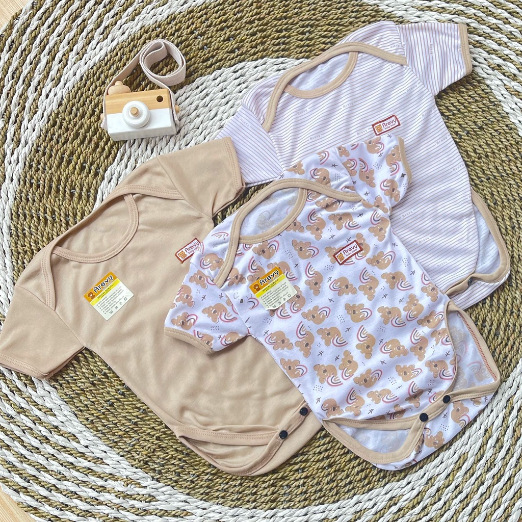 Bodysuit / Jumper Pendek / Baju Kodok Bayi Segitiga Arevy Babywear 3 Pcs Seri Cream 0-6 Bulan Katun Best Seller Baby Newborn