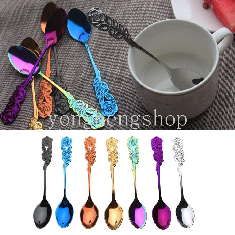 Kreatif Bentuk Bunga Mawar Handle Sendok Garpu Buah Stainless Steel Cutleries Kopi Teh Sendok Pengaduk Es Krim Sendok Dessert Spoon Tableware