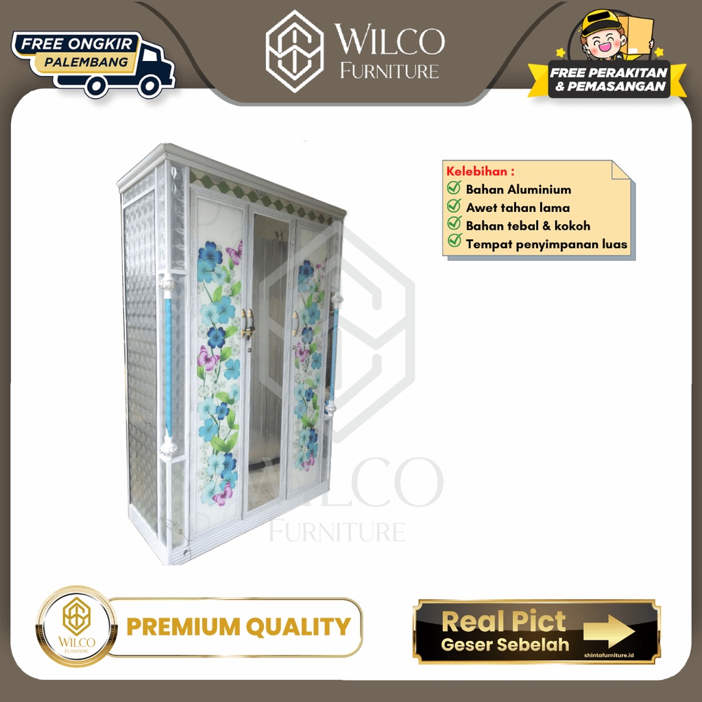 Lemari Baju 3 Pintu Mahkota Kaca Motif Bunga Aluminium Alma Palembang