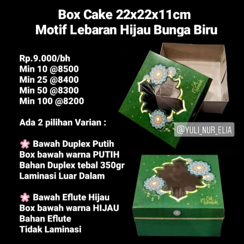 

Box Cake 22x22x11cm Laminasi Motif Lebaran Hijau Bunga Biru