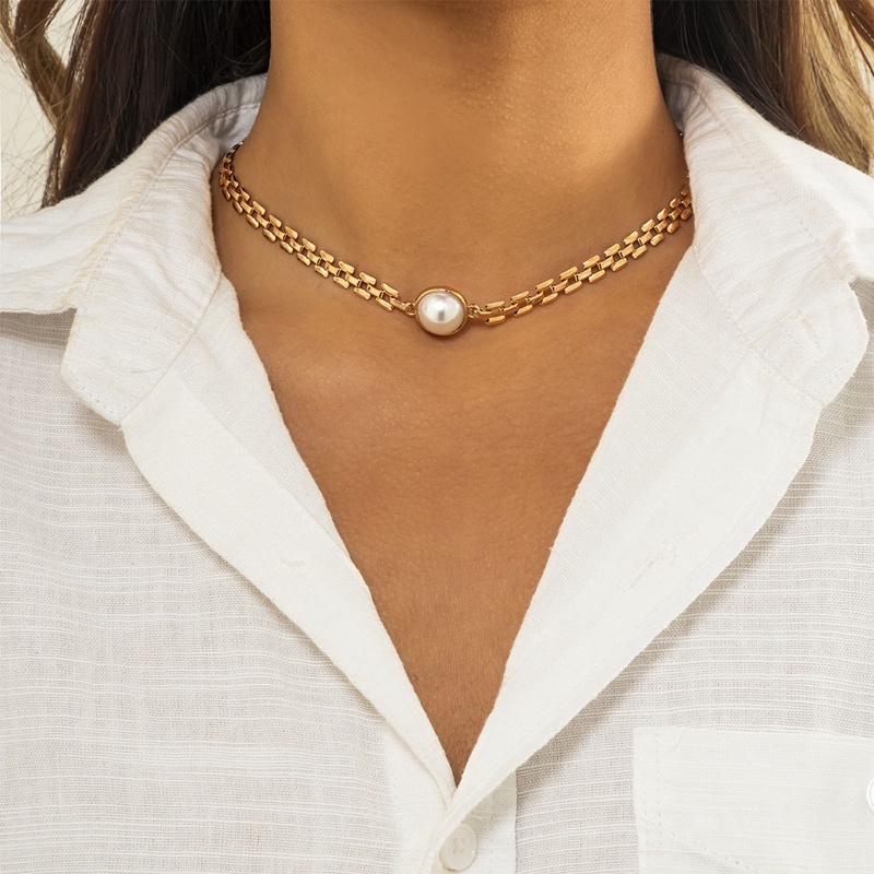 Kalung Choker Mutiara Imitasi Simple Untuk Wanita Geometris Persegi Tipis Link Rantai Kerah Pendek