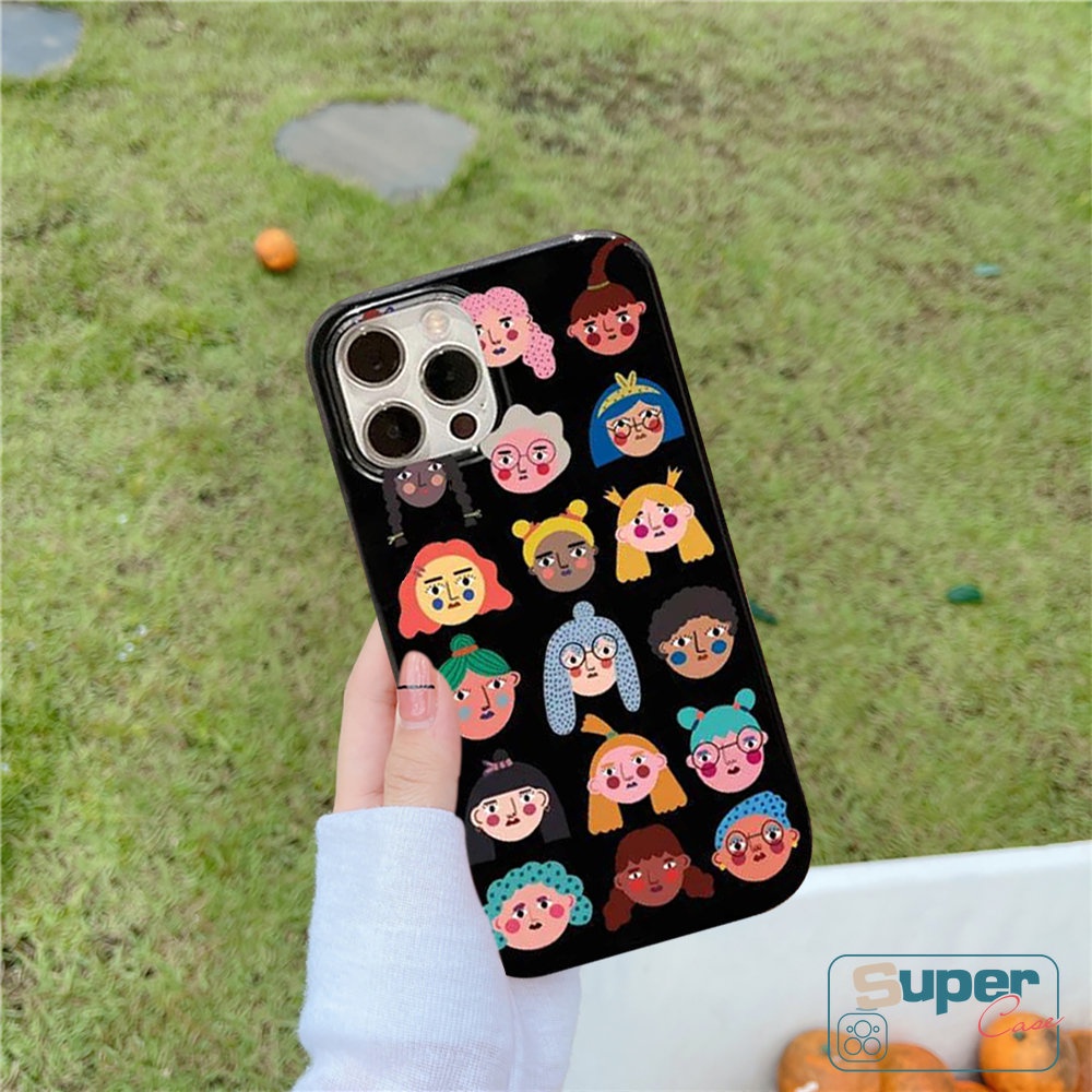 Ins Fashion Creative Case Kompatibel Untuk IPhone 7Plus 8Plus XR 14 11 13 12 Pro Max 7 8 14 Plus X XS Max SE 2020 Kartun Avatar Lucu Glossy Halus Lembut TPU Hitam Cover