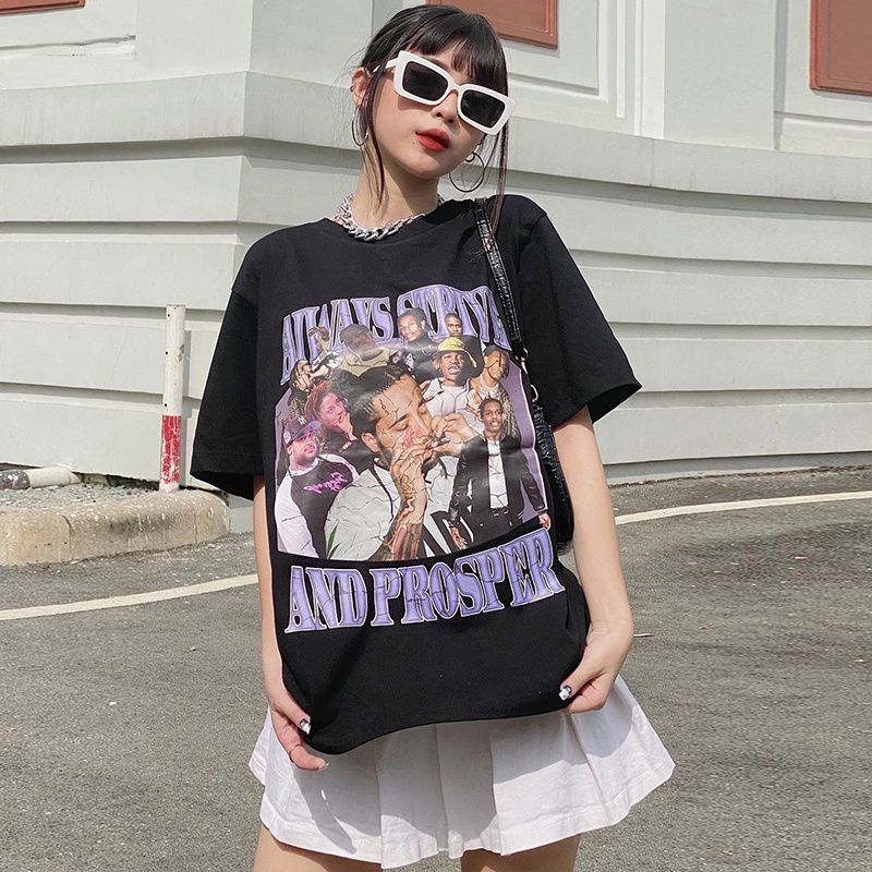 Baju Kaos Wanita/American Retro Lengan Pendek Oversize Rap Hip Hop Kaos Hitam Kekinian Import Couple Ootd