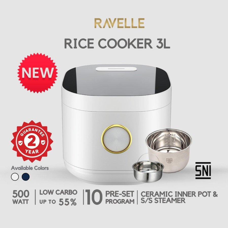 Ravelle Rice Cooker Low Carbo Stainless Steel Pot  3 Liter (1,,2 Liter Beras) Limited Edition