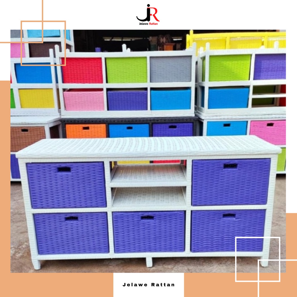 Meja TV DVD Rotan Sintetis Rak Bufet Laci 2 Susun Serbaguna
