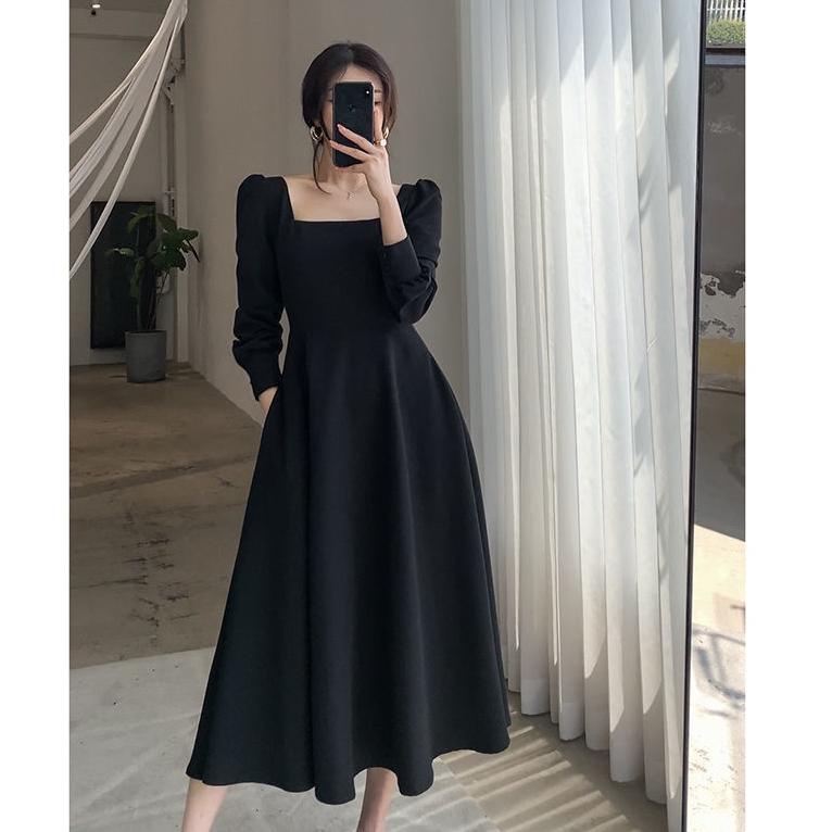 MURAH ZLORE - U Neck Dress Lengan Panjang // Korean Party Dress Square Neck - 100% IMPORT (S-2XL)