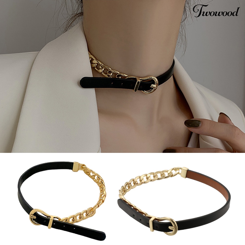 Twowood Wanita Choker Kulit Imitasi Adjustable Gesper Link Rantai Punk Kepribadian Hadiah Hip Hop Cewek Kerah Kalung Fashion Perhiasan