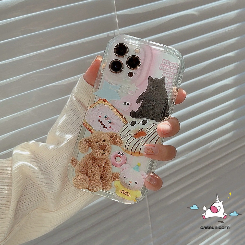 IPHONE Casing Ponsel Airbag Transparan Kompatibel Untuk Iphone11 13 14 12 Pro Max6 6S 7 8 Plus XR X XS MAX Ins Hewan Lucu Stiker Kartun Boneka Beruang Anjing Kucing Shockproof Lembut TPU Penutup Belakang