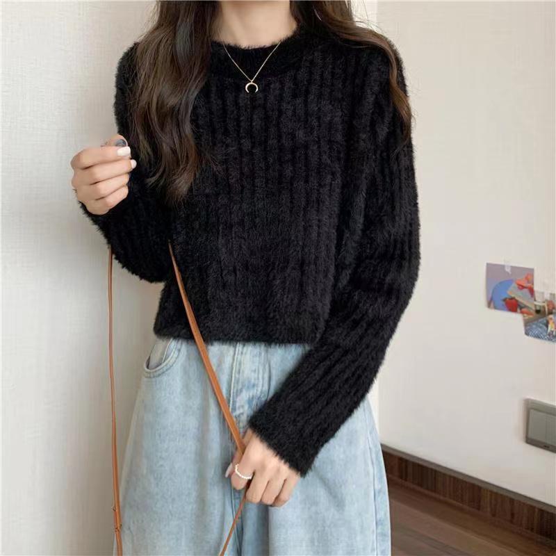 Polos Baju Rajut Crop Lengan Panjang Sweater Knit Crewneck Top