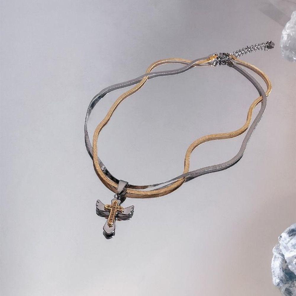 MXBEAUTY Pria Kalung Pesta Jalan Sayap Hiphop Liontin Salib Tembaga Keren Gaya Korea Necklace