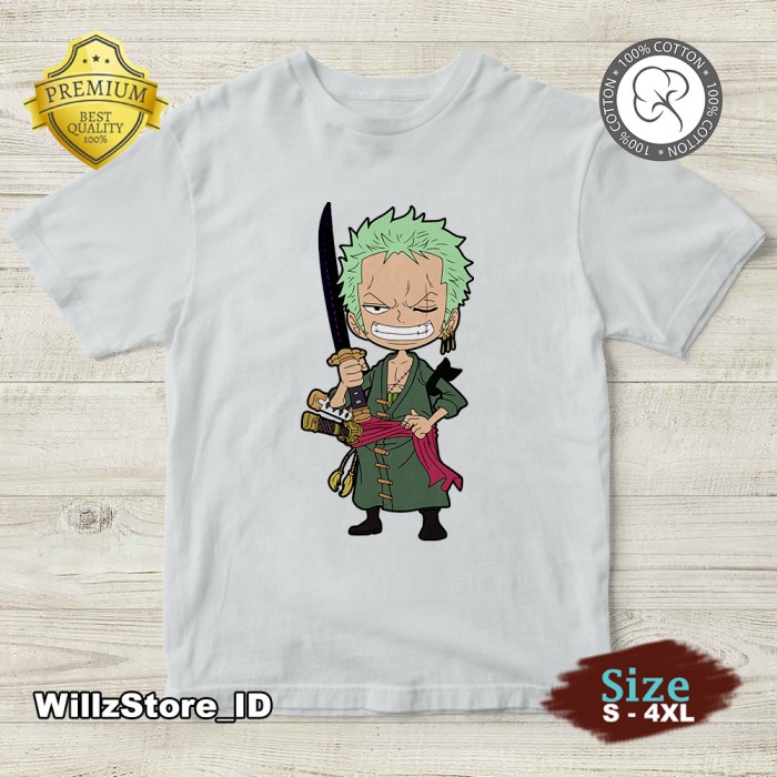 Kaos Anime One Piece - Roronoa Zoro | 100% Cotton | Ukuran S - 4XL - Putih, S