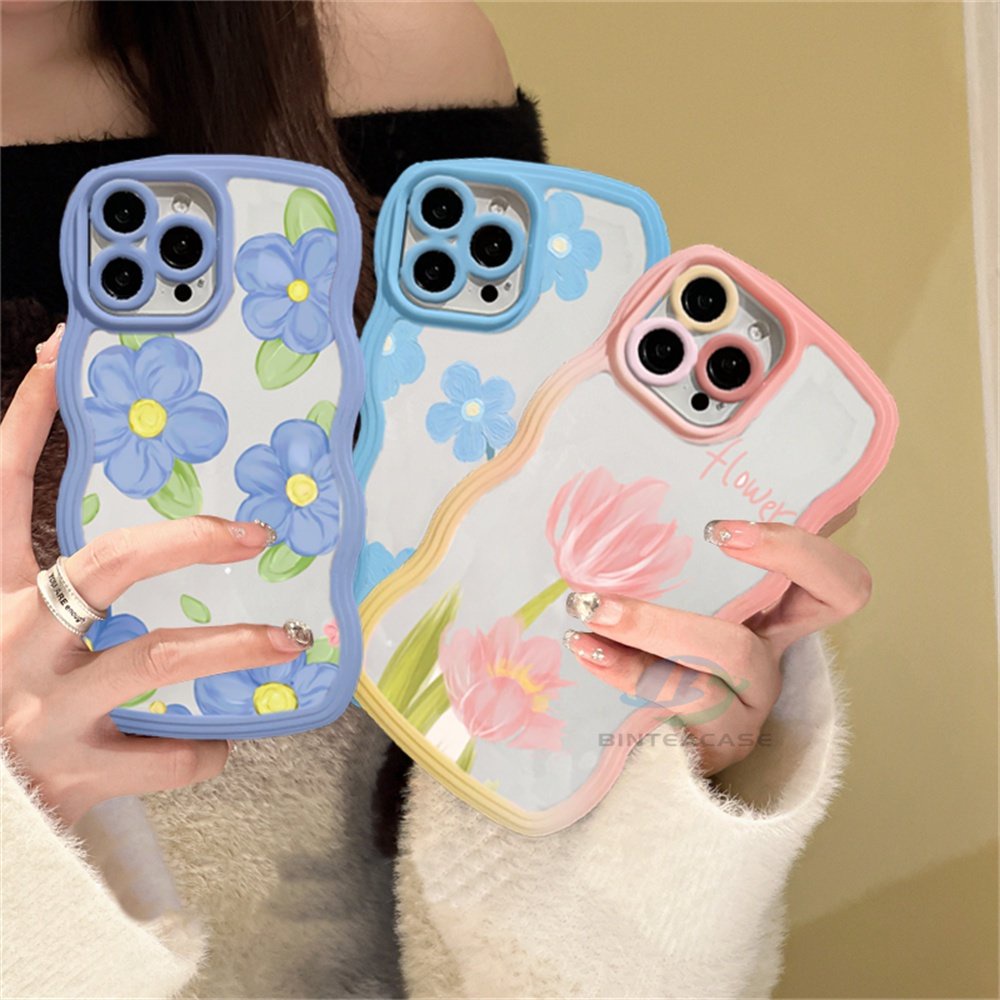 Oppo A17 A16 A94 Reno 5F A55 F11 A76 A96 A92A52 A9 Realme 9i Lukisan Minyak Tulip Kelinci Bunga Tepi Melengkung TPU Phone Case Binteacase