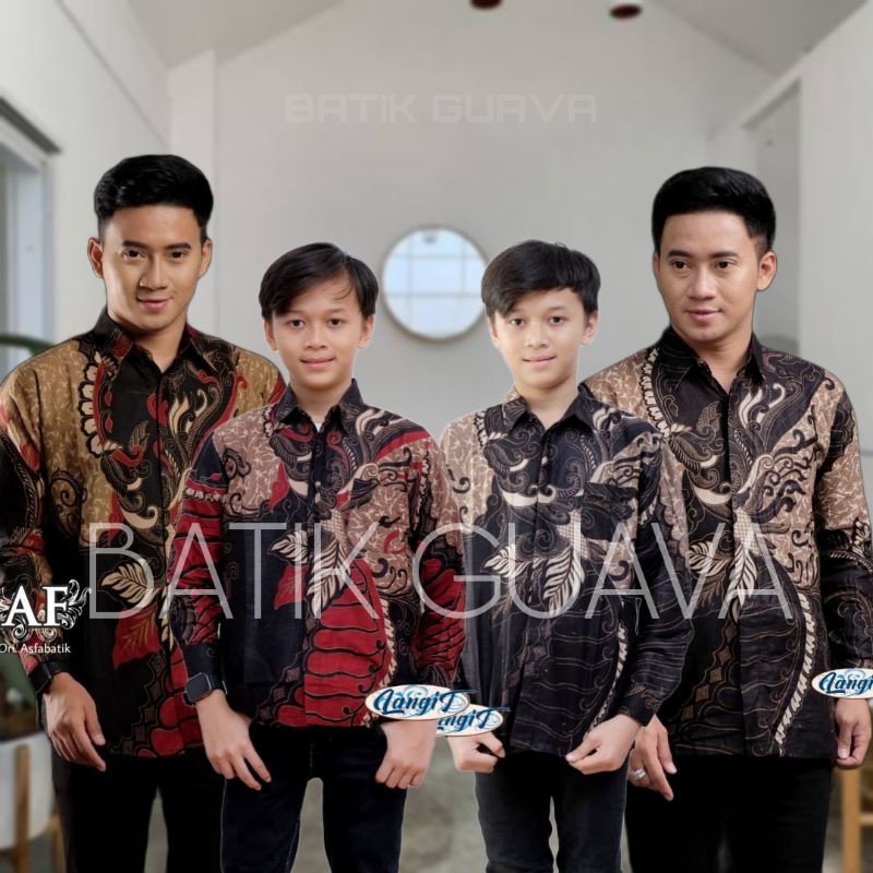 Kemeja Batik Anak Laki-Laki Lengan Panjang Couple Batik Ayah dan Anak Cowok warna MERAH DAN HITAM