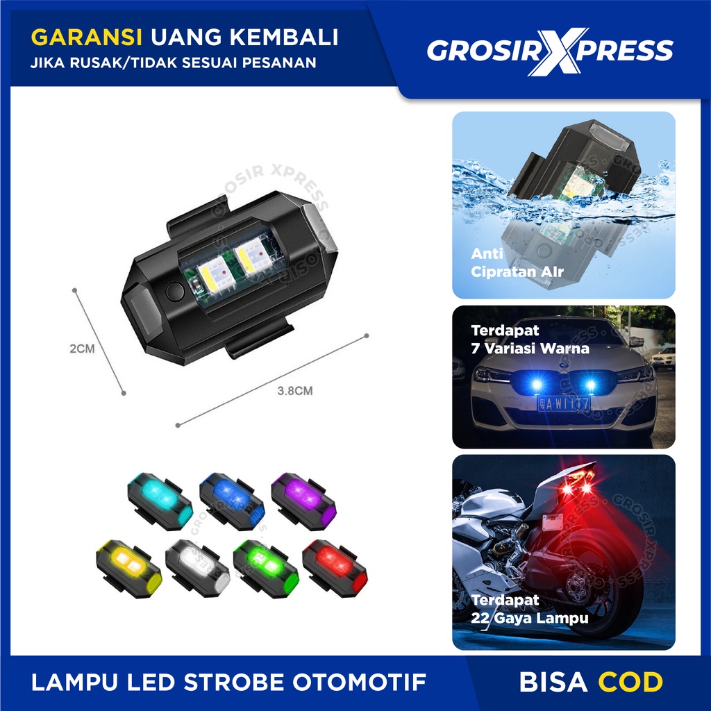 Lampu Kedip Motor Led Strobo 7 Warna Lampu Custom Mini Mobil Strobe Light USB Charger Lampu Sorot Sepeda |GROSIRXPRESS