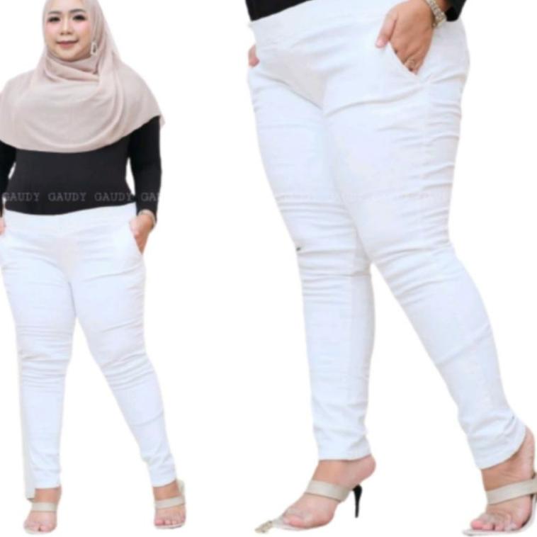 Ready CELANA JEANS GGANG KARET LEJING SLIM JEGGING JUMBO PUTIH 31-42 // CELANA WANITA BAHAN JEANS ST