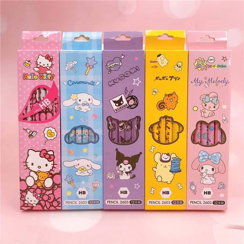 12pcs Sanrio Kuromi Pensil Kawaii Hellokitty Pochacco Alat Tulis Siswa Perlengkapan Sekolah Cinnamoroll Hadiah Siswa Sanrio Pulpen