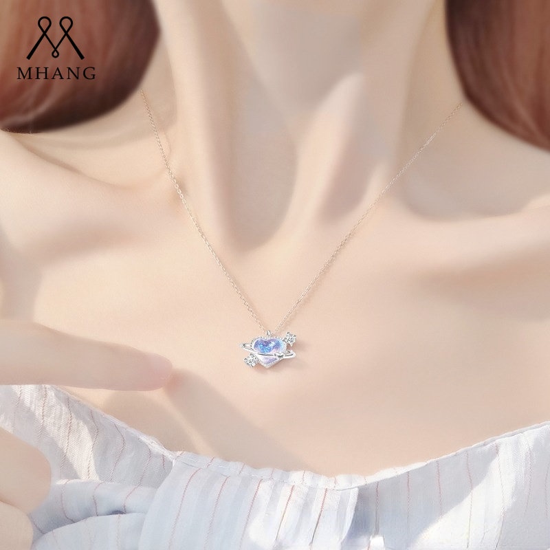 Korea Cinta Biru Moonlight Batu Kalung Sederhana Ins Gaya Wanita Tulang Selangka Rantai Titanium Steel Necklace