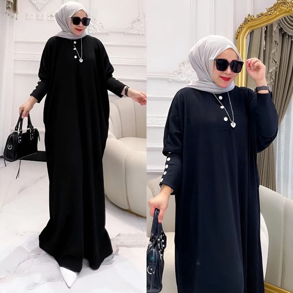 Helwa Dress Maxy Matt Cringkle Airflow Polos Basic OOTD Gamis Muslim Arabian Kaftan Knit Wanita Jumbo Premium