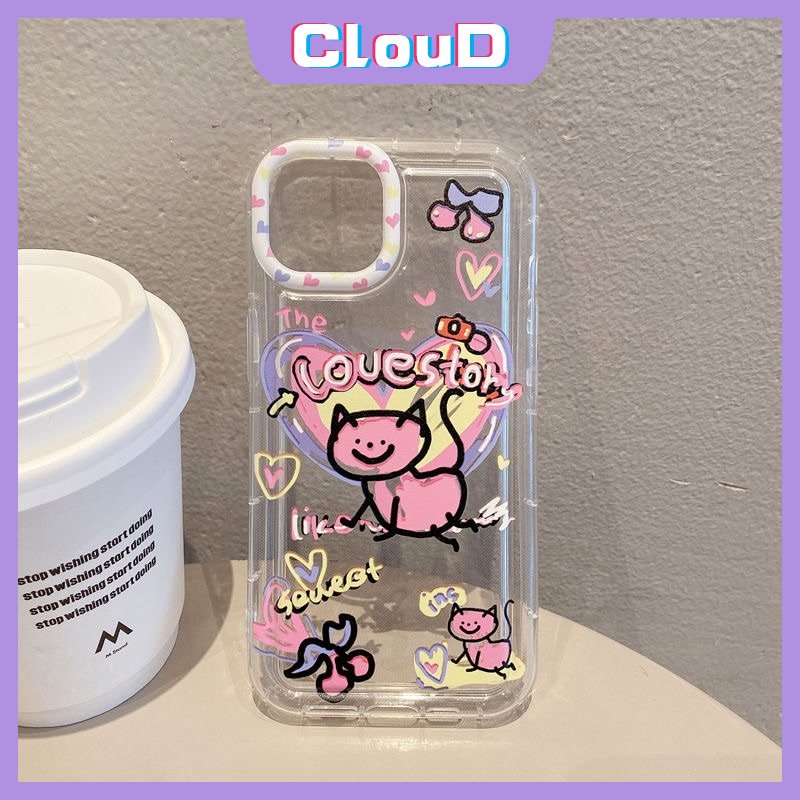IPHONE Lucu Kartun Cinta Hati Kucing Ponsel Jernih Case Kompatibel Untuk Iphone11 13 12 14 Pro Max7 8 6s 6 Plus XR X XS Max SE 2020 Lembut Silicon TPU Airbag Shockproof Ins Graffiti Cover