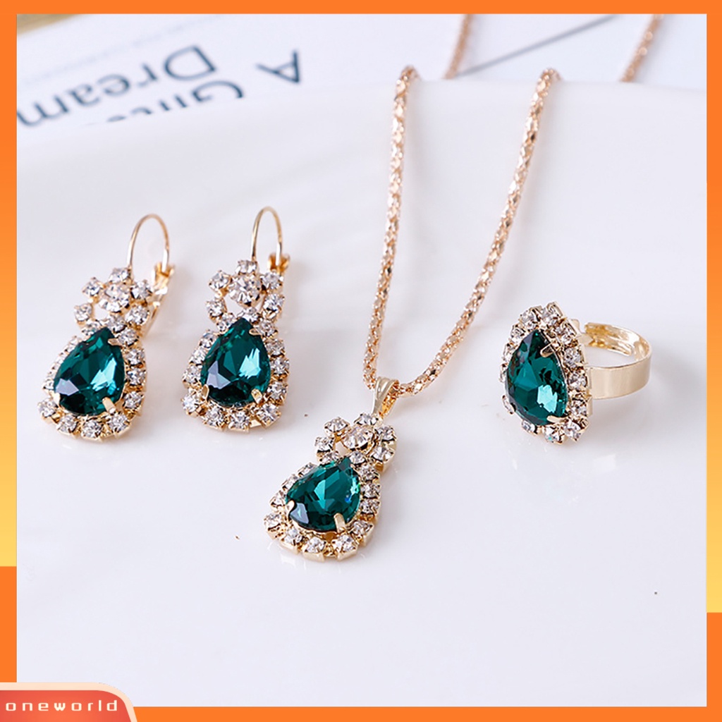 OW@ Jewelry Set Eye-catching Easy Matching Women Waterdrop Shiny Rhinestone Necklace Ring Earrings for Party