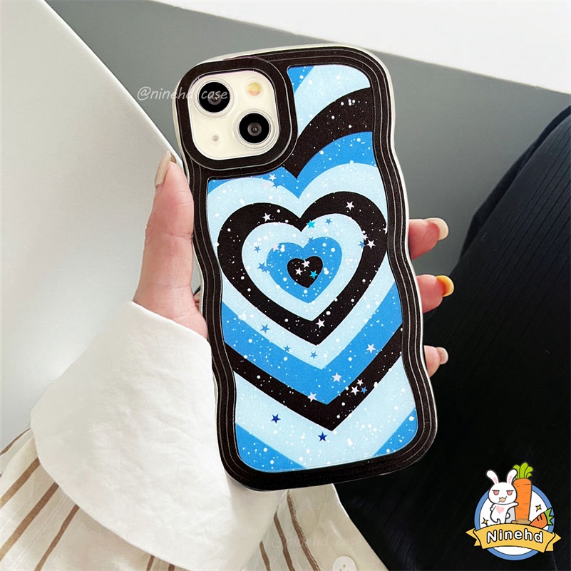 IPHONE Casing Kompatibel Untuk Iphone14 13 12 11 Pro Max X Xr Xs Max8 7 6 6s Plus SE 2020 Bling Bintang Gradien Biru Cinta Hati Casing Ponsel Shockproof Lembut Bergelombang Tepi Case Cover Pelindung