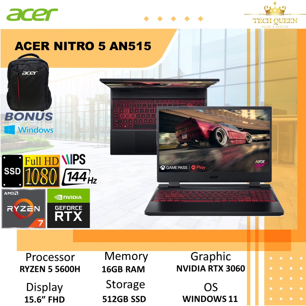 ACER NITRO 5 AN515 - RTX3060 6GB RYZEN 5 5600 16GB 512SSD WINDOWS11 15.6 INCHI FHD IPS