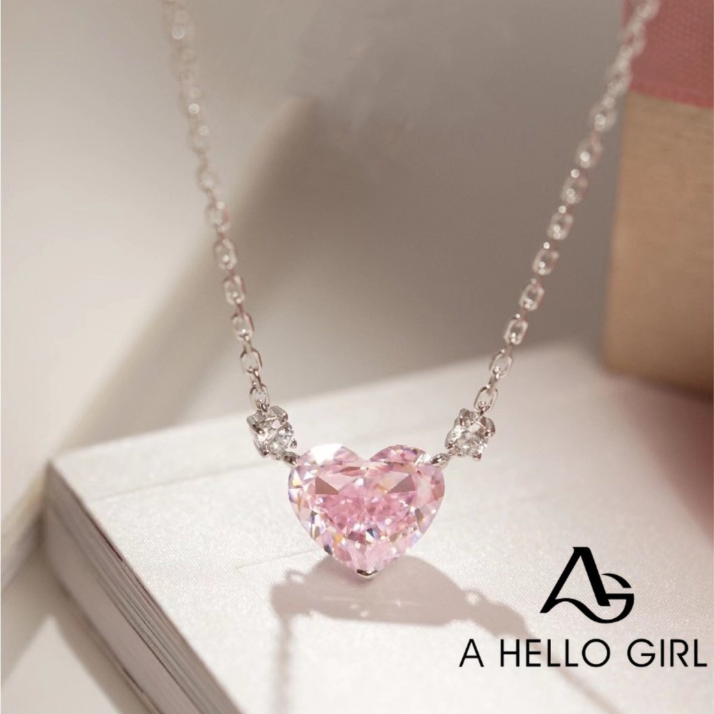 Kalung Rantai Klavikula Hias Liontin Hati Kristal Zirkon Warna Pink Gaya Korea Untuk Wanita