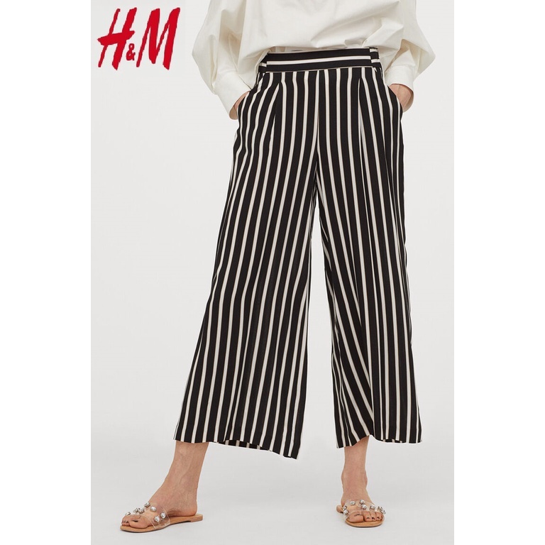 H&amp;M Wide Trousers Kulot Celana Wanita Striped Black Original Adem