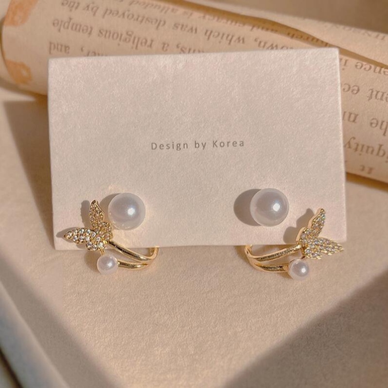 1pasang Korea Zirkon Indah Kupu-Kupu Telinga Studs/Wanita Ganda Simulasi Mutiara Anting Perhiasan Aksesoris