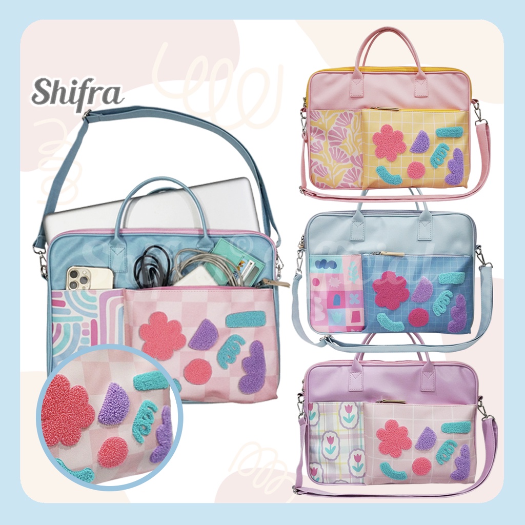 Shifra Tas Laptop Selempang Tali Panjang Kantong Sulam Embroidery Warna Warni Blue Pink Purple Yellow