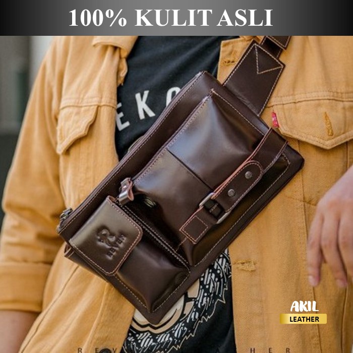 Tas Selempang Kulit Pria Slempang Bahu Reven Leather Waistbag Multifungsi Pinggang Bahan 100% Kulit Sapi Asli Original Premium