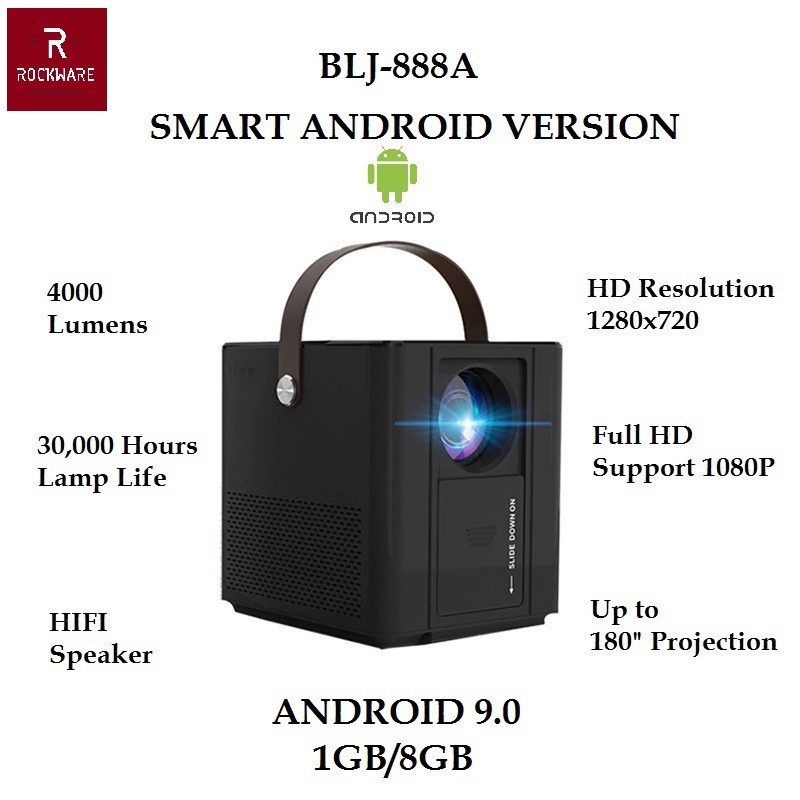 AKN88 -ROCKWARE BLJ-888A Android 9.0 Version - HD Projector 4000 Lumens