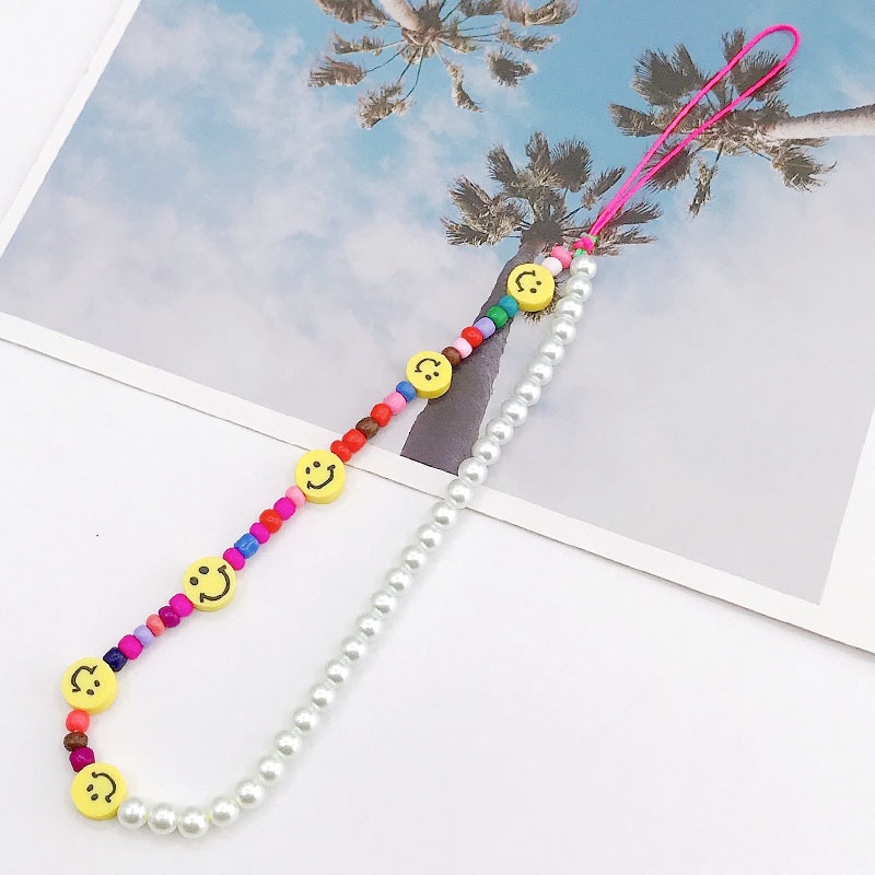 Smile Face Soft Clay Candy Color Rice Beads Chain Dengan Mutiara Tali Telepon Anti Hilang Untuk iPhone Android OPPO VIVO Huawei Xiaomi Redmi Samsung Semua Ponsel Earphone Cases