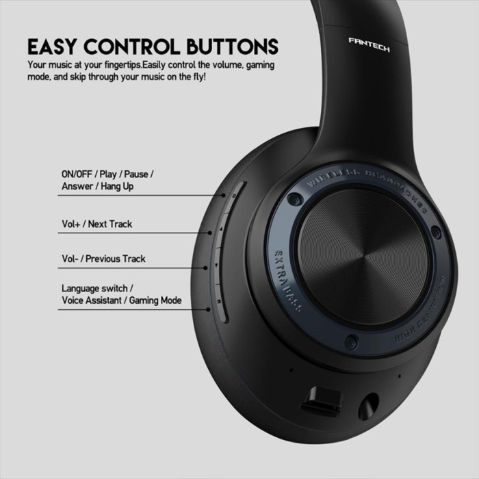 Headset Wireless Fantech WH01 Headphone Bluetooth - Black