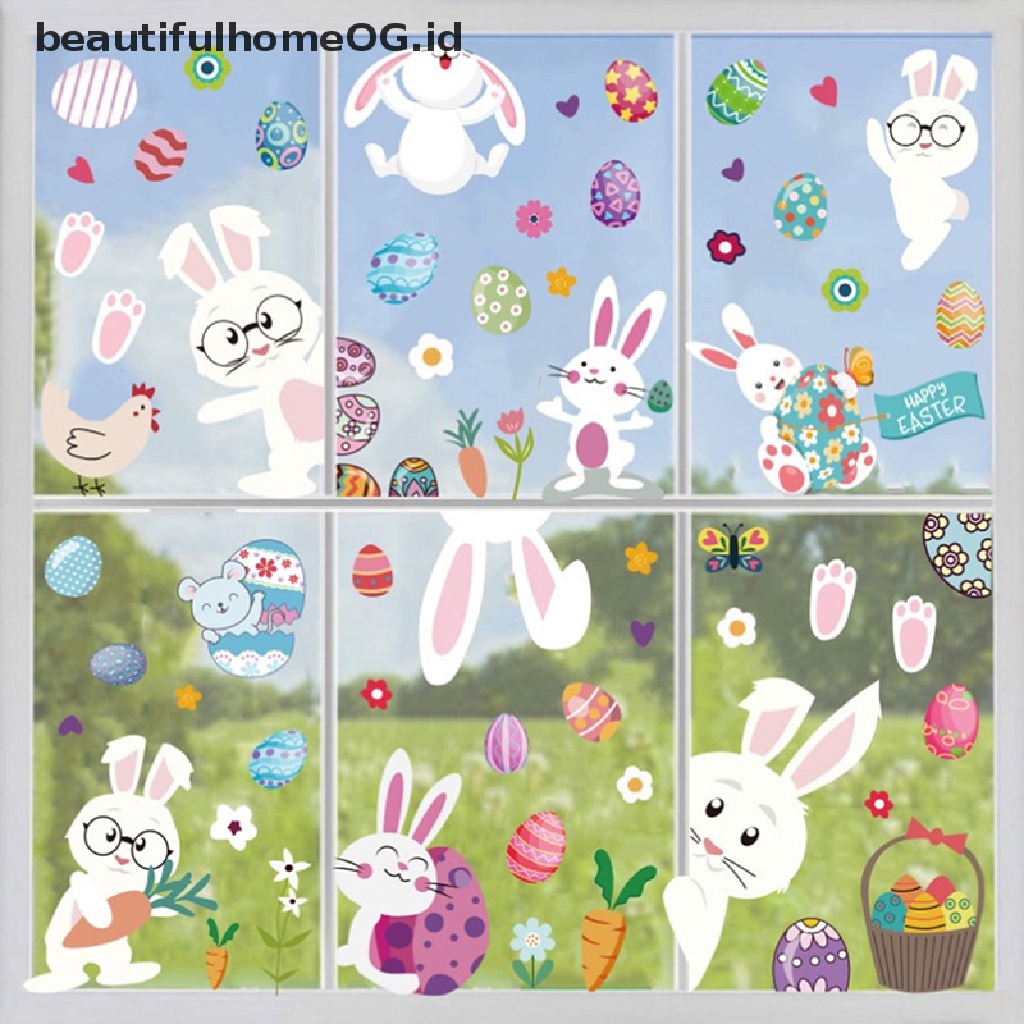 // Beautifulhomeog.id// 9Pcs Stiker Jendela Kaca Happy Easter Colorful Bunny Eggs Wall Sticker 20x30cm **