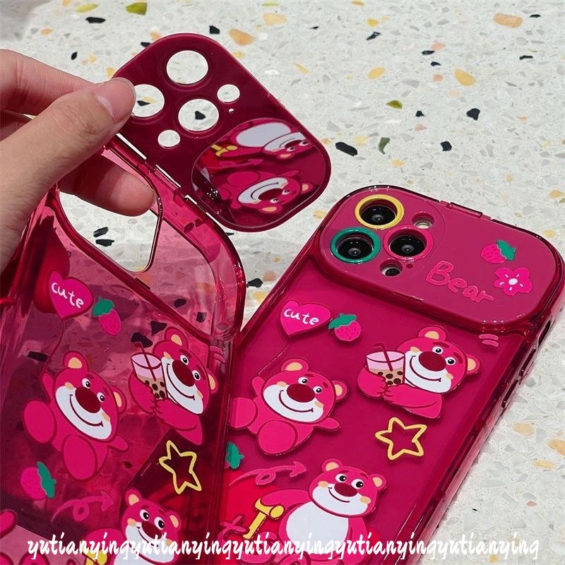 IPHONE Rose Red Cute Kartun Strawberry Bear Manyo Case Kompatibel Untuk Iphone11 13 12 14 Pro Max7 8 14 Plus XR XS MAX X SE Kreatif Flip Make Up Cermin Telepon Soft TPU Silicon Case