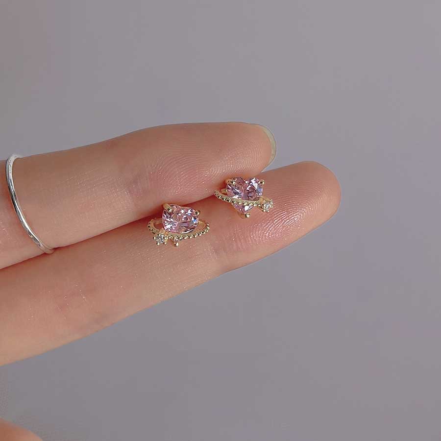 Gaya Korea Lucu Bentuk Hati S925 Sterling Silver Lapis Emas Pink Zircon Berlian Imitasi Anting Stud Telinga Untuk Aksesoris Perhiasan Wanita