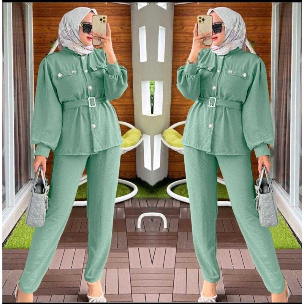 Setelan Wanita Terbaru 2022 2023 Casual Sage Green Viral Tiktok Set Baju Ootd Kekinian Atasan Dan Ba