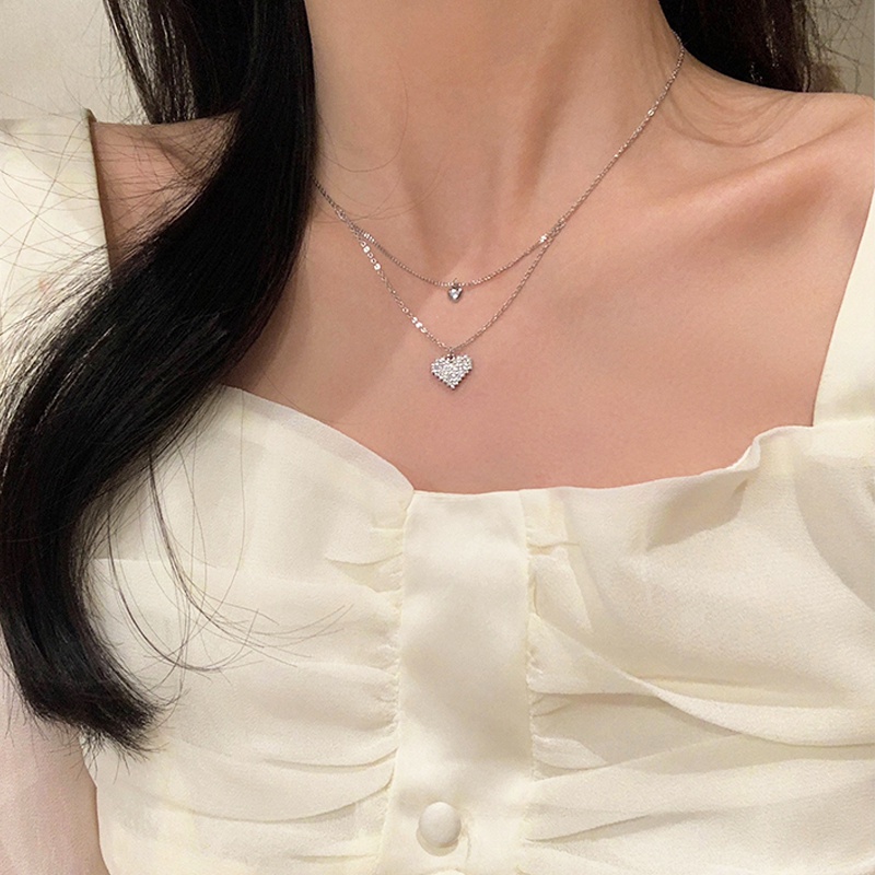 Magic789 Elegan Berkilauan Kristal Double Hati Liontin Kalung Untuk Wanita Gadis Kreatif Zirkon Peach Jantung Kalung Temperamen Leher Perhiasan