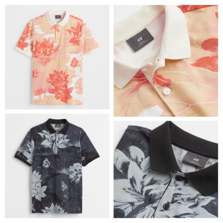 H&M Kaos Pria Slim Fit Polo Shirt Patterned