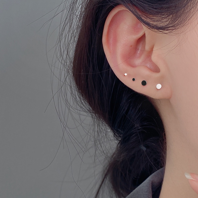 Papaozhu Punk S925 Perak Kecil Disc Stud Earring Untuk Wanita Pria Sederhana Mini Hitam Anting Bulat Keren Telinga Aksesoris Sehari-Hari