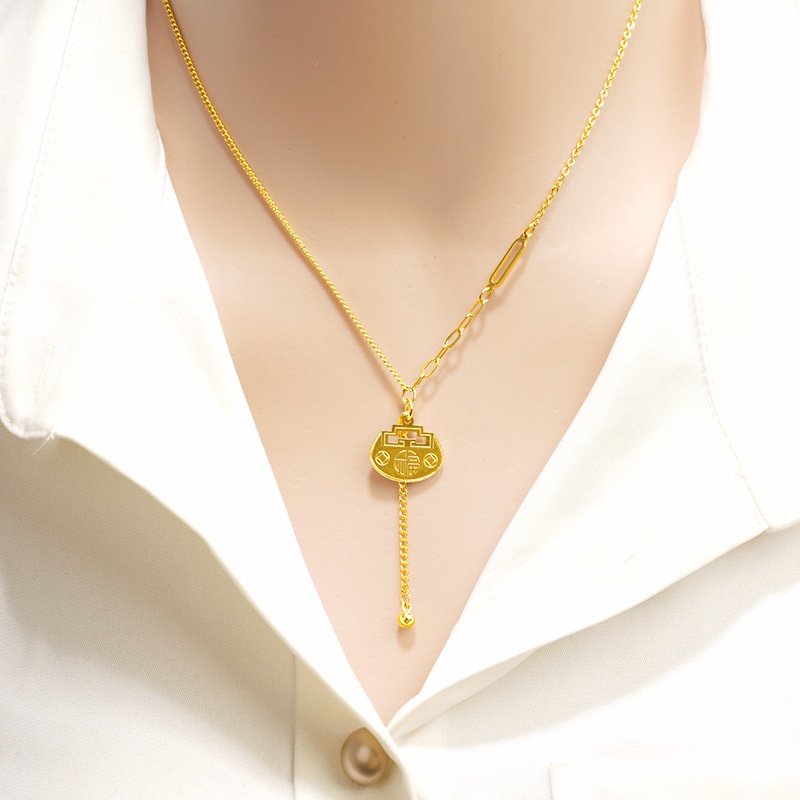 Goldkingdom Perhiasan Fashion Emas Asli Kadar 375Bangkok Aksesoris Ready Stock Fu Lu Rumbai Sepuhan Liontin Fu Tas Kunci Emas Kalung Untuk Wanita