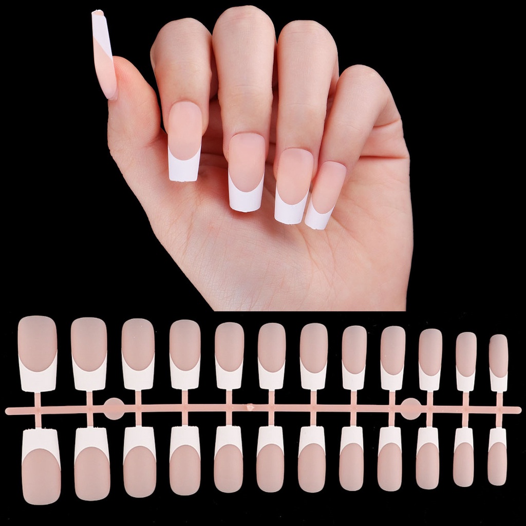 24pcs/set Kuku Palsu Simple Tepi Putih Nude Seri Prancis Memakai Potongan Kuku Dapat Dilepas Berbagai Bentuk Manicure Nail Art Patch Untuk Wanita