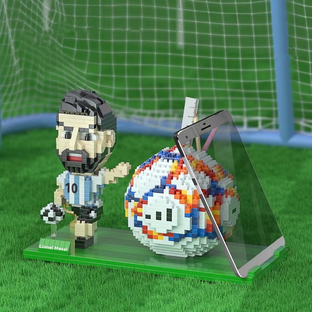 Piala Dunia Sepak Bola Messi C Luo Handmade diy Pen Holder Handphone Holder Kompatibel Dengan Blok Bangunan Lego Hadiah Mainan Anak Laki-Laki