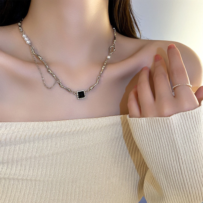 Kalung Persegi Mutiara Zirkon Barok Choker Rantai Klavikula Silver Untuk Aksesoris Perhiasan Wanita