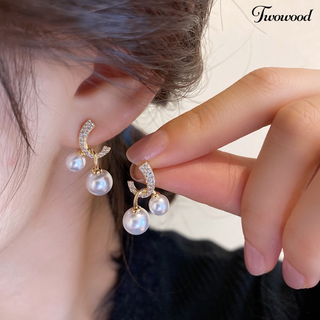 Twowood 1pasang Stud Earrings Dual Faux Pearls Dainty Golden Bling Berlian Imitasi Wanita Drop Earrings Fashion Perhiasan