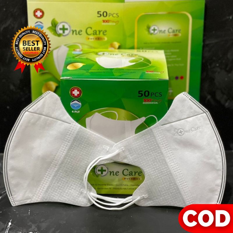 Masker Duckbill Premium ONECARE EMBOS 4ply tebal tali pipih Warna Hitam dan Putih  isi 50pcs+BOX