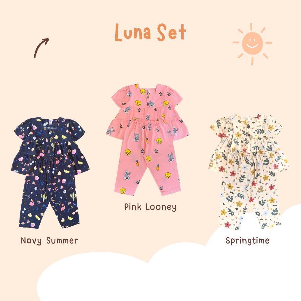 Yobebee Luna Set Setelan Rayon Anak Perempuan Usia 2 3 4 6 8 Tahun Baju Tidur Piyama Pajamas Kids Motif Karakter Premium Oneset Model Baju Harian Santai Anak Cewek