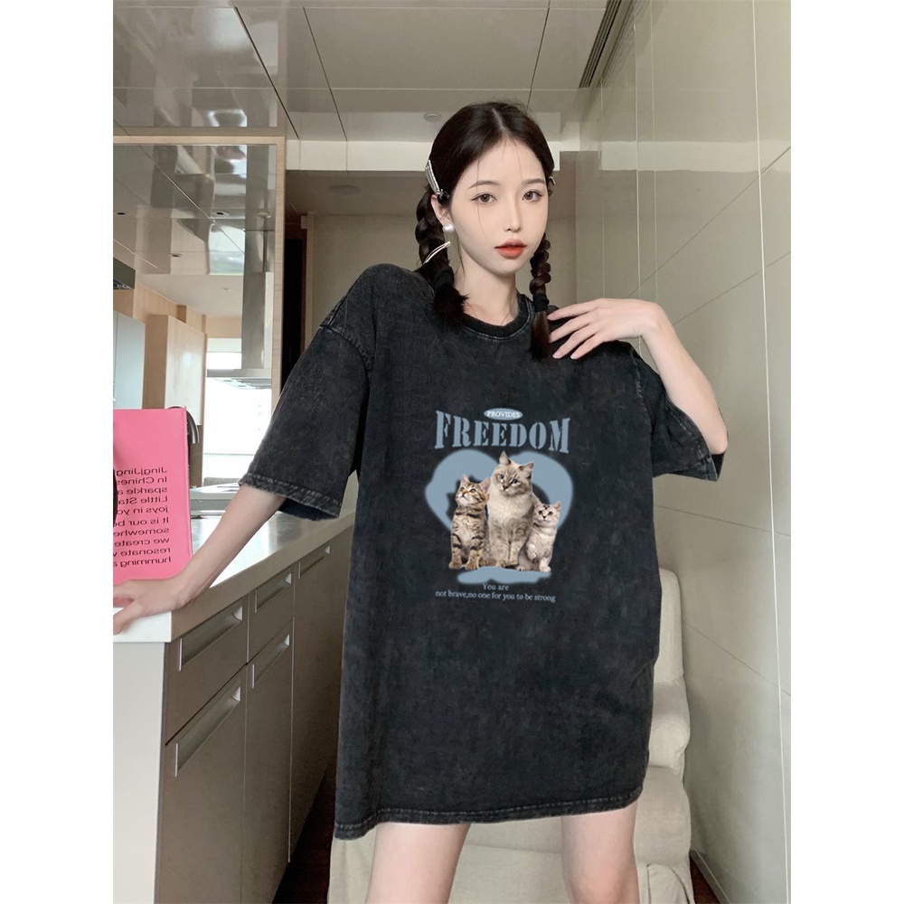 XIAOZHAINV Kaos Atasan Wanita Three Cats Pattern Lengan Pendek A0158
