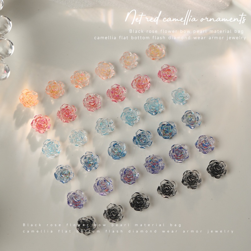 50pcs/set 8mm Warna Campur Transparan Camelia Es Bening 3D Camelia DIY Bahan Kerajinan Elegan Pesona Resin Bunga Nail Art Dekorasi Kuku